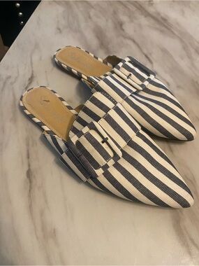 Splendid Navy and White Striped Slip-On Buckle Mules